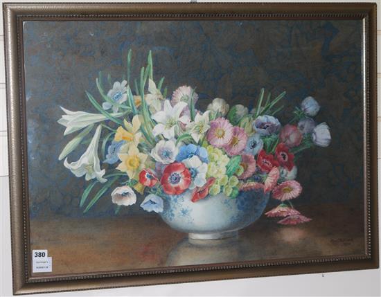 Mary Stickland, watercolour, Flowers in a bowl 53 x 75cm.